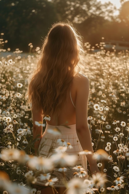 joven con el cabello largo y fluido vestida con un vestido casual pero elegante de verano de pie en medio de una hemorragia