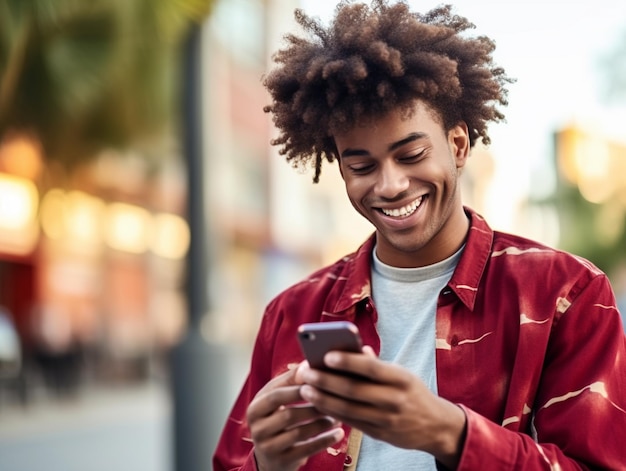 un joven con el cabello rizado y una camisa roja está enviando mensajes de texto en su teléfono