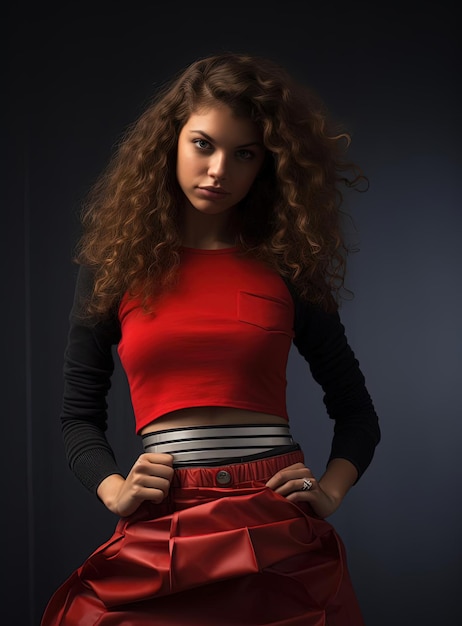una joven con el cabello rizado en falda roja posando sobre un fondo gris en el estilo de traincore