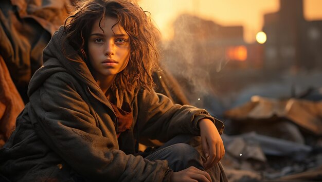 Una joven con el cabello rizado en una sudadera con capucha mira tristemente a la cámara contra un telón de fondo de puesta de sol urbano