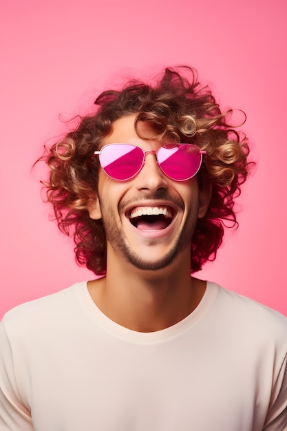 Joven con el cabello rizado usando gafas de sol rosas sobre un fondo rosado