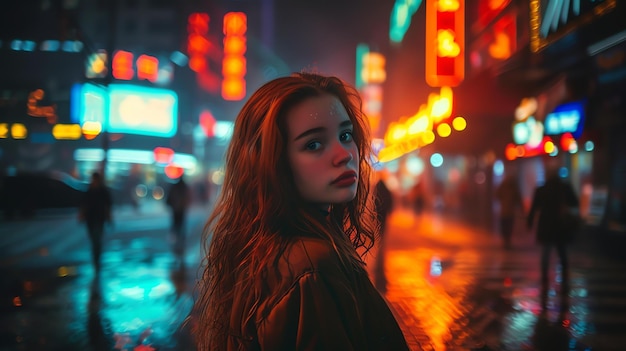 Una joven con el cabello rojo largo está caminando por una calle concurrida por la noche las luces de la ciudad se reflejan en su cabello y en su cara