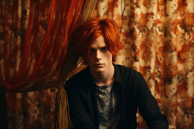 Foto joven de cabello rojo sentado en un sillón sobre el fondo de una pared de ladrillo y cortinas doradas