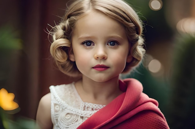 Una joven con cabello rubio y un vestido rojo se para frente a un árbol de navidad.