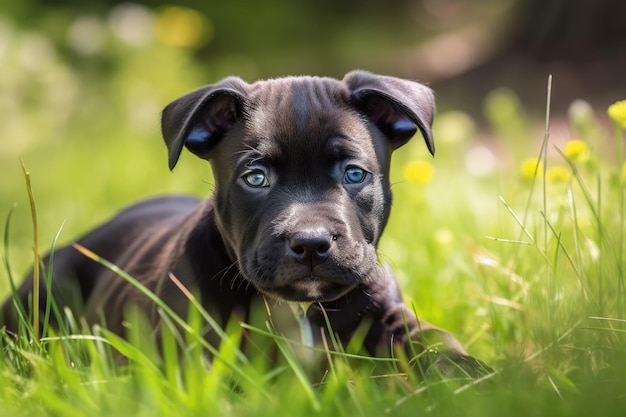 Un joven cachorro de American Staffordshire Terrier Dog en el cachorro de hierba escaneando el área