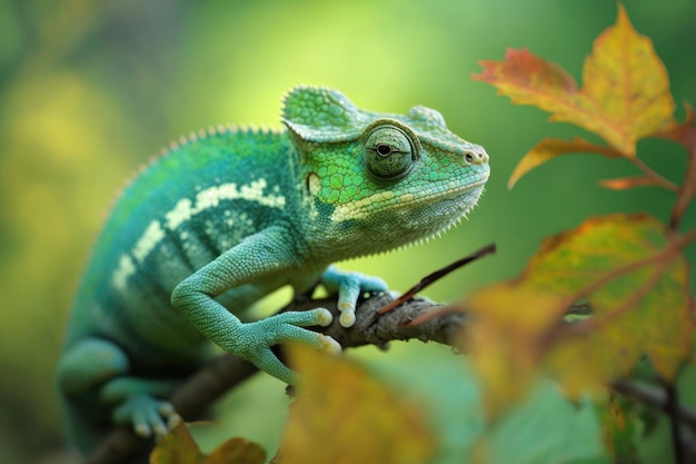 Un joven camaleón verde en su entorno natural.