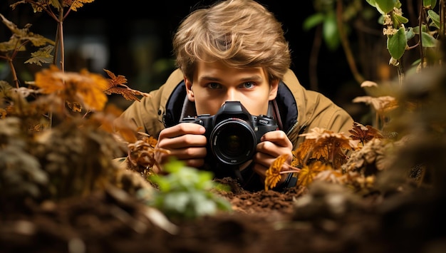 Un joven con una cámara en el bosque de otoño