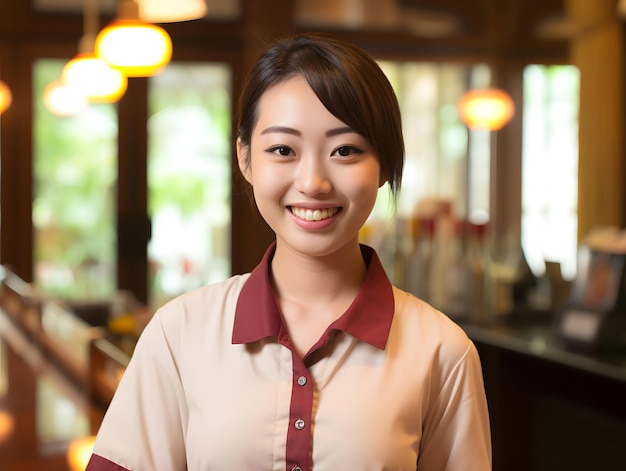 Una joven camarera japonesa sonriente