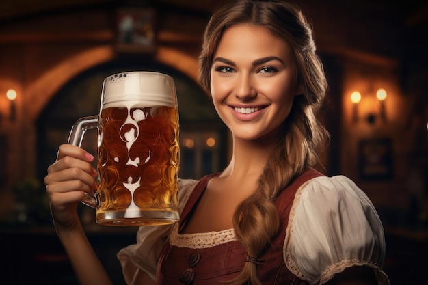 Foto joven camarera de oktoberfest con un vestido tradicional bávaro brindando con una gran jarra de cerveza
