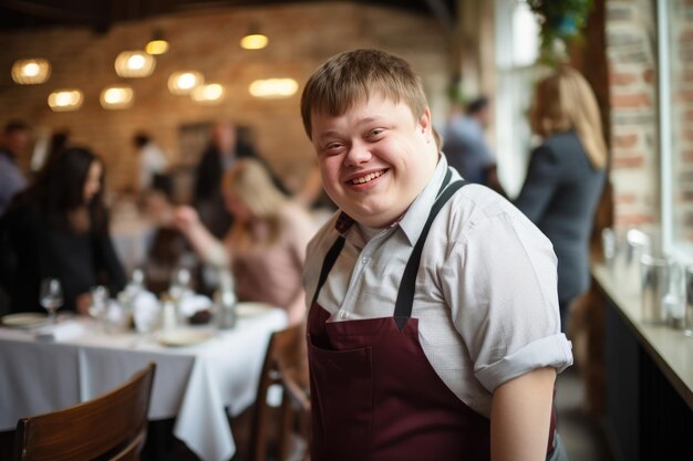 Joven camarero alegre con síndrome de Down que trabaja en un restaurante de comida para llevar concepto de inclusión social