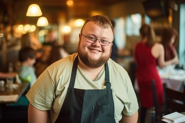 Joven camarero alegre con síndrome de Down que trabaja en un restaurante de comida para llevar concepto de inclusión social