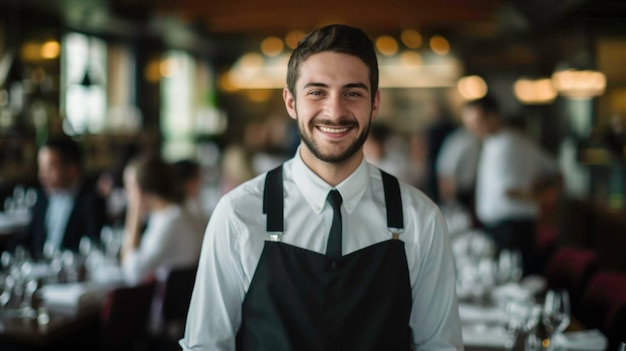 Foto joven camarero feliz mientras sirve comida en un restaurante