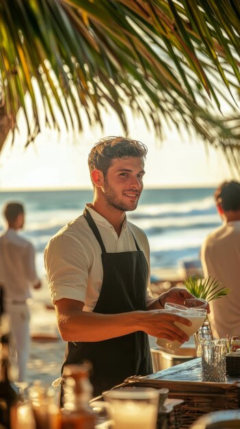 Joven camarero sirviendo bebidas en un bar de la playa