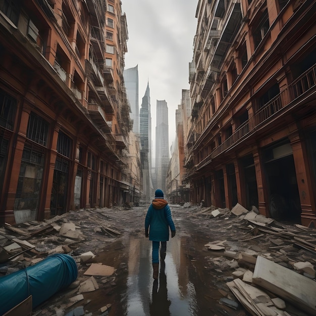 Un joven camina por una calle inundada