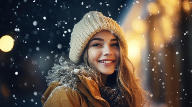 Una joven camina por la noche en el mercado navideño decorado con luces festivas vacaciones de invierno Diseño ai