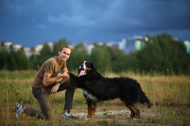 Joven caminando con Bernese Mountain Dog en el campo de verano