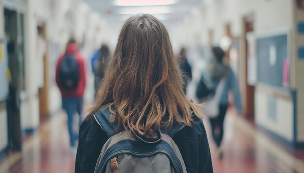 Una joven caminando por el pasillo.