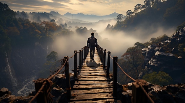 joven caminando por el puente de la montaña