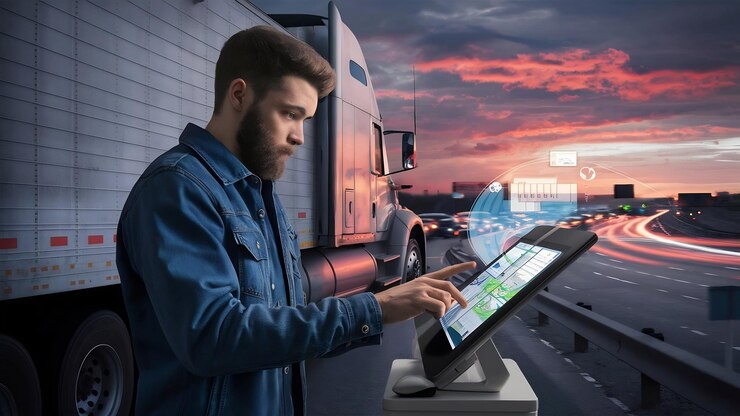 Foto joven camionero barbudo comprobando su ruta en la tableta con el despachador y de pie por mucho tiempo