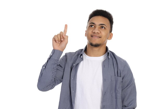 joven, en, camisa, aislado, blanco, plano de fondo