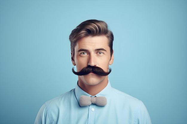 Un joven con una camisa azul y un exuberante bigote negro.