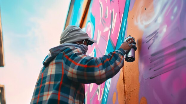 Un joven con una camisa a cuadros y gafas de sol está pintando un graffiti en una pared el graffiti es colorido y abstracto