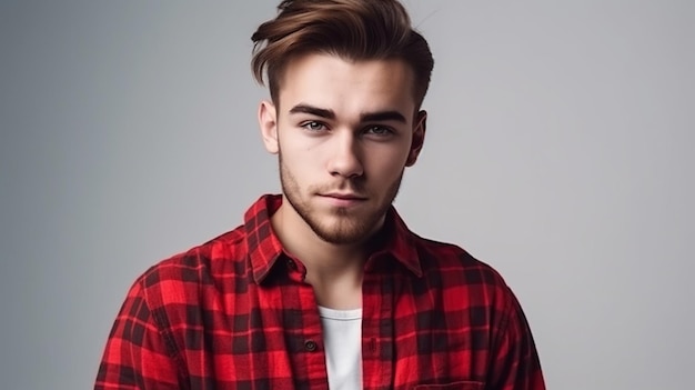 Un joven con una camisa a cuadros roja y una camisa blanca.