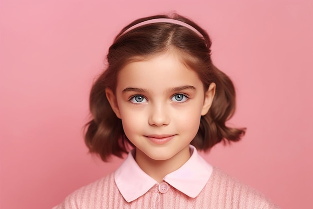 Una joven con una camisa rosa y ojos azules posa para una foto.