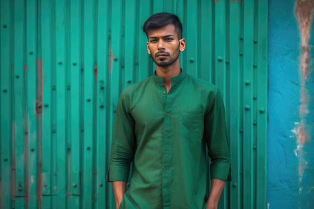 Un joven con una camisa verde se para frente a un fondo verde