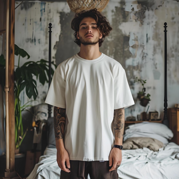 Un joven con camiseta blanca en un dormitorio