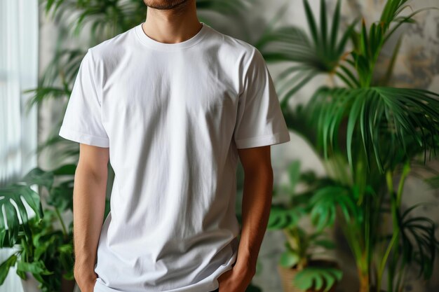 Un joven con una camiseta blanca sobre un fondo blanco