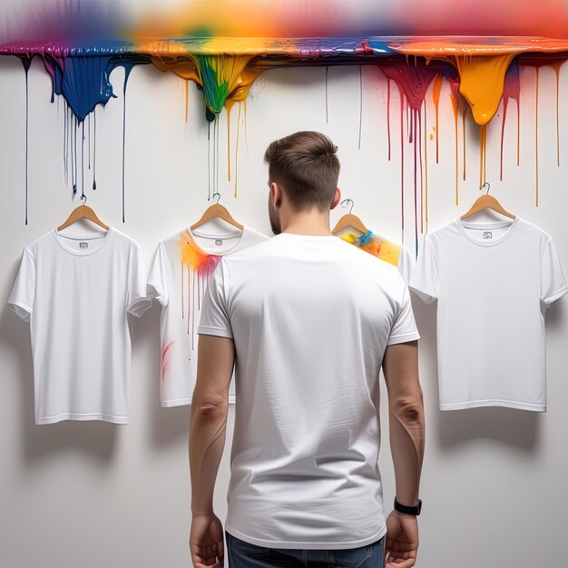 joven con camiseta delante de un colorido tipo walla con una camiseta colorida y pinturas