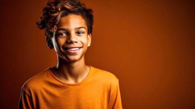 Un joven con una camiseta naranja sonríe a la cámara.