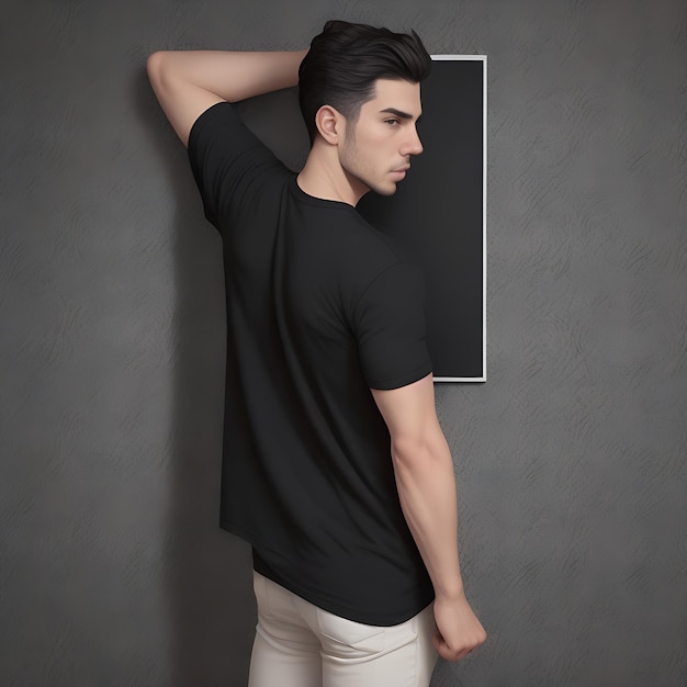 Joven con camiseta negra con fondo gris