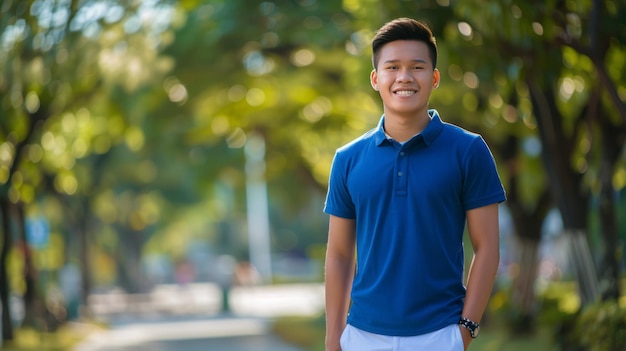 Un joven con una camiseta de polo azul está sonriendo y de pie en un parque