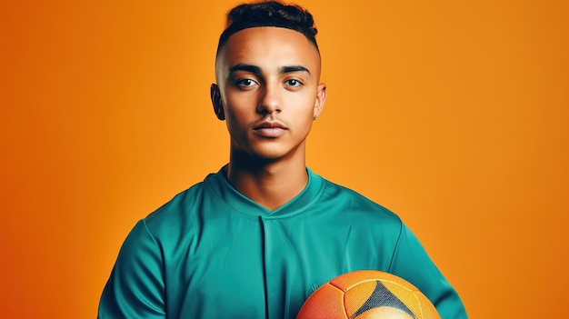 Un joven con una camiseta verde sostiene una pelota de fútbol en sus manos.