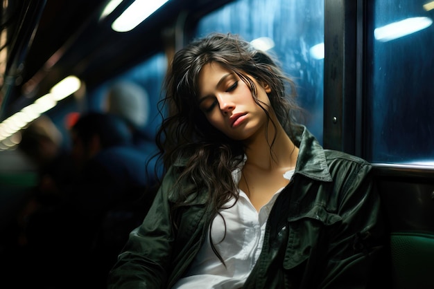 Una joven cansada duerme sentada en un asiento en el transporte público de regreso a casa.