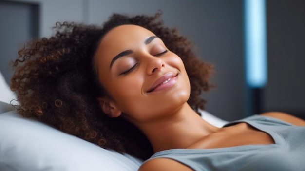 una joven cansada y feliz yace en la cama con los ojos cerrados y relajada