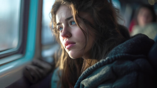 Una joven cansada y triste sentada en un autobús mirando por la ventana perdida en sus pensamientos.