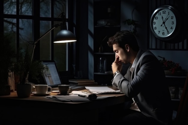 Un joven cansado trabajando hasta tarde en la noche Trabaja horas extras en línea en casa