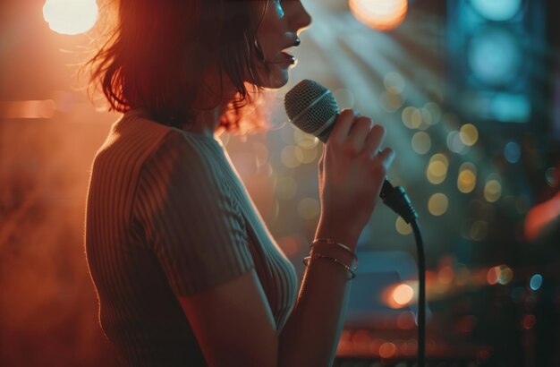 Foto una joven cantando en un micrófono