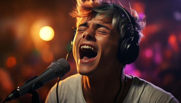 Un joven cantante adulto actúa alegremente en el escenario de un club nocturno generado por inteligencia artificial