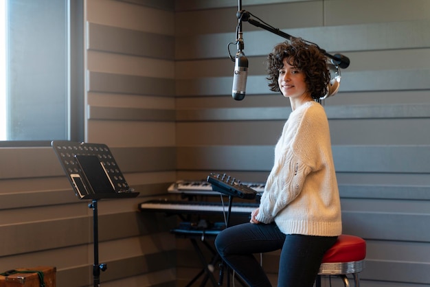 Una joven cantante de cabello rizado grabando una canción en un estudio real con un micrófono profesional Lleva un suéter blanco Está mirando a la cámara