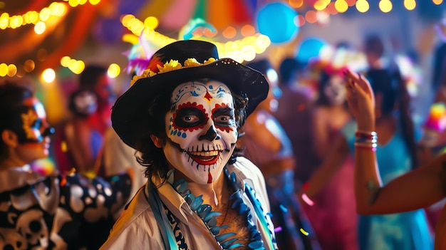 Foto un joven con una cara de cráneo pintado sonríe a la cámara lleva un sombrero negro y una camisa blanca hay luces de colores en el fondo