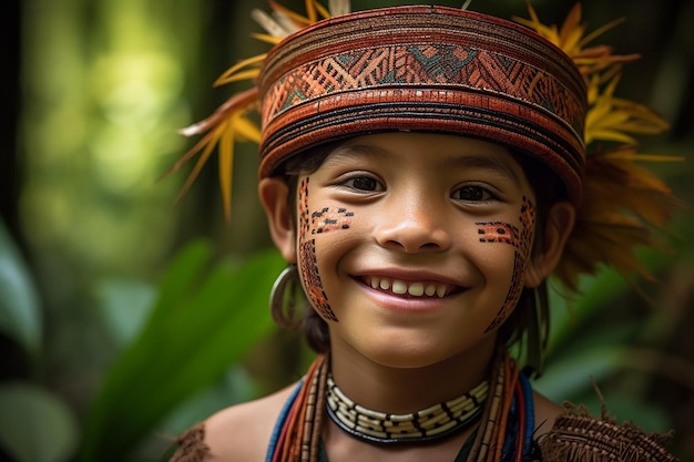 Foto un joven con cara de nativo y plumas en la cabeza sonríe.