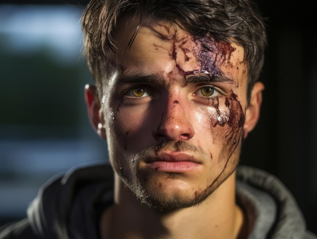 Un joven con la cara rota, heridas y arañazos.