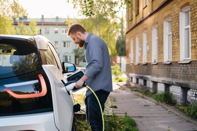 Joven cargando un coche eléctrico