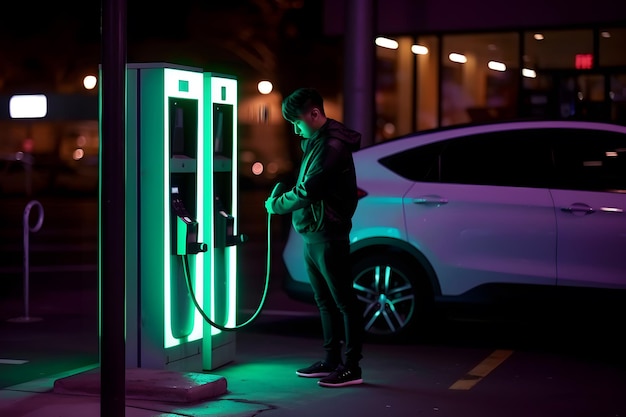 Un joven cargando su coche eléctrico en una estación de carga en la ciudad por la noche