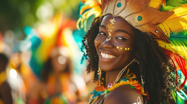 Foto una joven del caribe con una expresión alegre y un disfraz de carnaval está bailando en un desfile en puerto españa trinidad y tobago