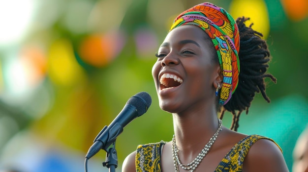 Foto una joven del caribe con una expresión alegre y un micrófono está cantando en un festival de música en kingston, jamaica